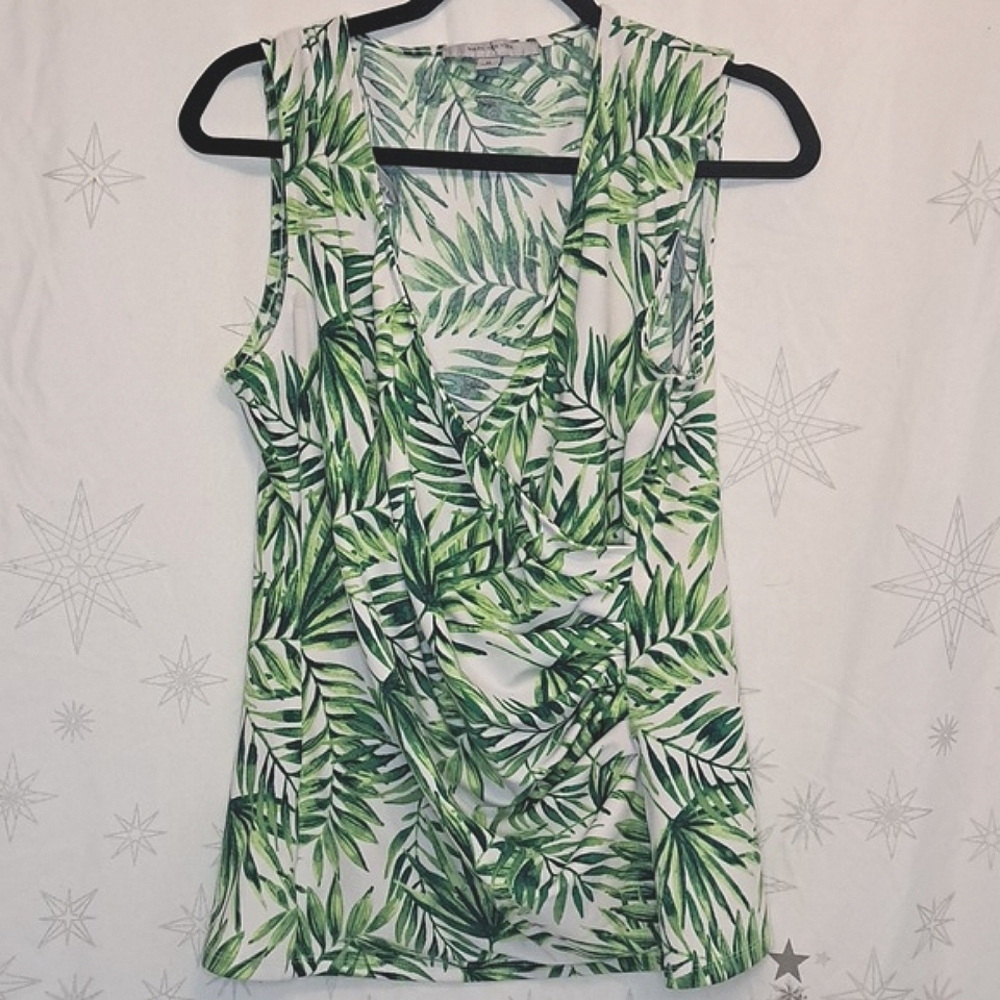 Andrew Marc -  Green Tropical Leaves Print Top -M